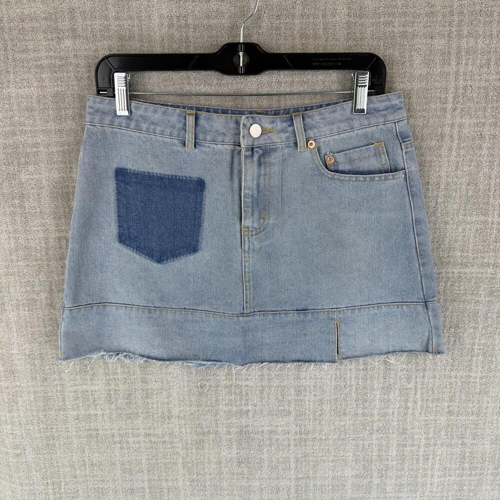 So Me Skirt Womens M Light Blue Mini Denim Pockets Slit Fringe Zip Casual